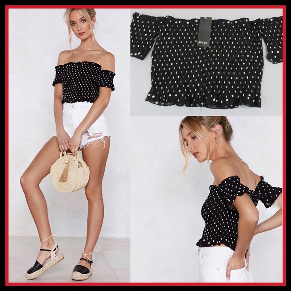 NWT NASTY GIRL BARDOT SEA YOU SOON POLKA DOT SMOCKED CROP TOP - Picture 2 of 8